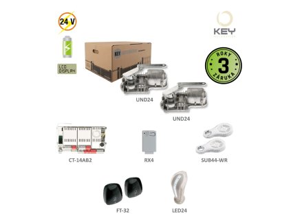 UNDERKIT podzemní pohon pro dvoukřídlou bránu do 3,5m/křídlo, 2x UND24, 1x CT-14A, 1x RX4, 1 pár FT-32, 2x SUB-44WR, 1x LED24