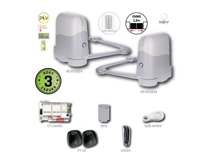 REVOKIT pro dvoukřídlou bránu do 2,3m/křídlo, 1x REVO2024, 1x REVO2024S, 1x LED24, 2x SUB-44WR, 1x CT-14A, 1x RX4, 1pár FT-32