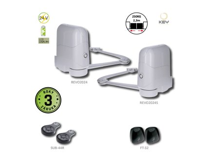 REVOKIT pro dvoukřídlou bránu do 2,3m/křídlo, 1x REVO2224, 1x REVO2224S, 2x SUB44R, 1x CT-202 24, 1 pár FT-32, RX4Y (integrovaný)
