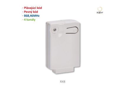 Přijímač interní 4-kanálový (868MHz), pevný nebo plovoúci kód, paměť: 400 kódů