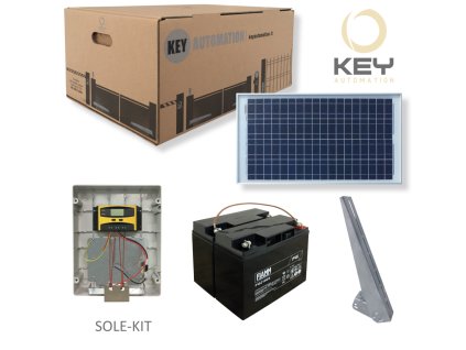 SOLE-KIT Solární KIT pro 24V pohony KEY. KIT obsahuje: 2x baterii, solární panel 30W, řídící jednotku, držák na panel
