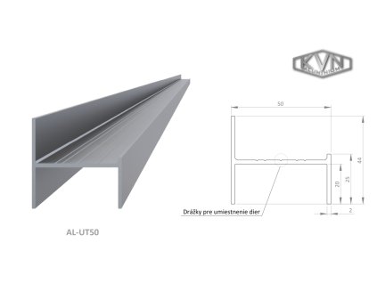 UT profil 50x44x6000mm, materiál EN AW-6060 T66, přírodní hliník bez povrchové úpravy