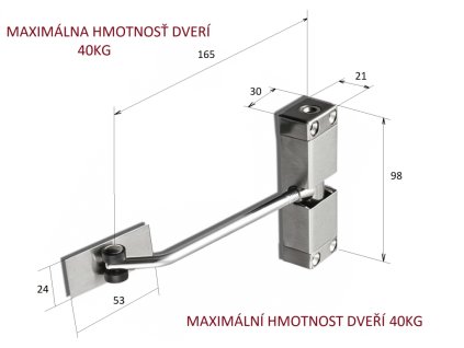 Dveřní pružinový zavírač, výška 98mm, délka 165mm, kryt z nerezové oceli, max. hmotnost dveří 40kg