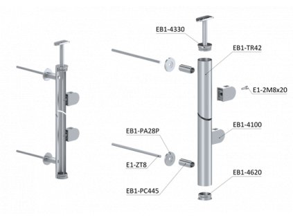 Nerezový sloup, boční kotvení do zdiva, výplň: sklo, průměr 42,4x2mm