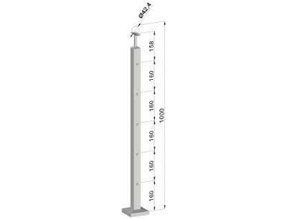 Nerezový sloup, vrchní kotvení, 5 děrový průchodný, 40x40x2mm (Vrch Pevný, Povrchová úprava Broušená nerez K320/AISI304)