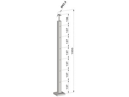 Nerezový sloup, vrchní kotvení, 6 děrový průchodný, 40x40x2mm (Vrch Pevný, Povrchová úprava Broušená nerez K320/AISI304)