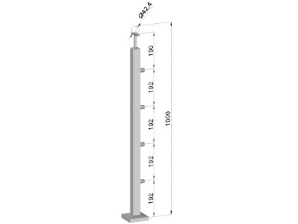 Nerezový sloup, vrchní kotvení, 4 řadový průchodný/rohový, vrch nastavitelný, 40x40x2mm (Vrch Pevný, Povrchová úprava Broušená nerez K320/AISI304)
