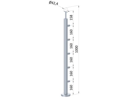 Nerezový sloup, vrchní kotvení, 5 řadový průchodný, průměr 42,4x2mm (Vrch Pevný, Povrchová úprava Broušená nerez K320/AISI304)