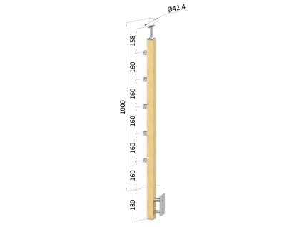 Dřevěný sloup, boční kotvení, 5 řadový, průchozí, (40x40mm), materiál: buk (Použití Venkovní, Povrchová úprava Broušený povrch bez nátěru, Vrch Pevný)