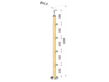 Dřevěný sloup, vrchní kotvení, 4 řadový, průchozí o průměru 42mm, materiál: buk (Povrchová úprava Broušený povrch bez nátěru, Vrch Pevný)
