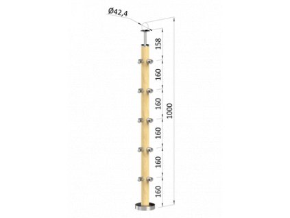 Dřevěný sloup, vrchní kotvení, 5 řadový, rohový, vrch pevný o průměru 42mm, materiál: buk