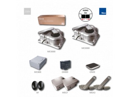 Podzemní sada motorů pro dvoukřídlou bránu do 3m/křídlo; 230V, 250W, 250Nm, 2x ME3000, 2x MECF, 2x MEA3, 1x MC800, 1x OXIBD, 1x BF, 1x ON2E