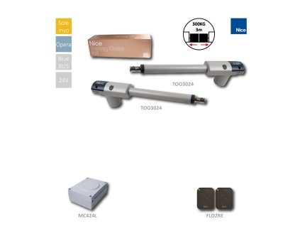 TOO3024KLT sada pohonů pro dvoukřídlou bránu do 3m/křídlo, 2x TOO3024 (24V, 120W, 1800N), 1x MC424LR10,1x OXIBD, 2x FLO2RE