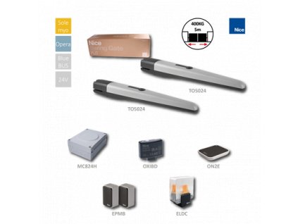 Sada pro dvoukřídlou bránu do 5m/křídlo, 2x TO5024 (24V, 120W, 1800N), 1x MC824H, 1x ON2E, 1x OXIBD, 1 pár EPMB, 1x ELDC