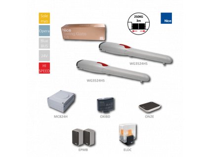 KIT-HI-SPEED - rychlý pohon pro křídlovou bránu do 3m/křídlo, 2x WG3524HS (24V, 120W, 1500N), 1x MC824H, 1x OXIBD, 1x EPMB, 1x ON2E, 1x ELDC