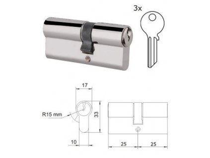 Cylindrická vložka EURO 25/25mm, nikl-Satina, 3 klíče, šroub M5x65mm, A = 25mm, B = 25mm