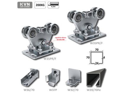 Samonosný systém 70x70x4mm pro posuvné brány do 200kg/4,5m, černý profil, ocelová kolečka