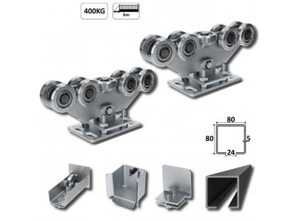 Samonosný systém 80x80x5mm pro posuvné brány do 400kg/6m, černý profil, ocelová kolečka