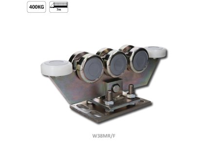 Vozík regulovatelný pro C-profil 80x80x5mm, ocelová kolečka 8ks, žlutý zinek, pro bránu do 400kg, průjezd do 5,5m