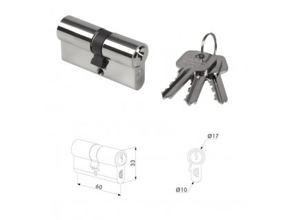 Cylindrická vložka EURO 30/30mm LOCINOX, niklová, 3 klíče, šroub M5x65mm