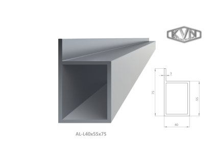 "L" profil dutý 40x55x75x3mm, materiál EN AW-6060 T66, přírodní hliník bez povrchové úpravy, délka 6m