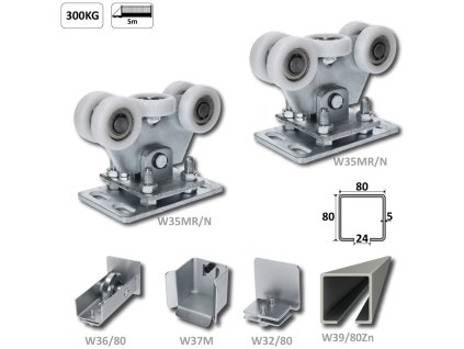 Samonosný systém 80x80x5mm pro posuvné brány do 300kg/5m, pozinkový profil, polyamidová kolečka
