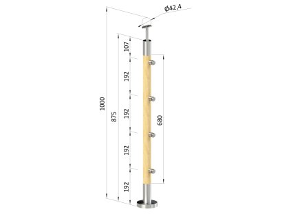 Dřevěný sloupek, vrchní kotvení, 4 řadový, průchozí, vrch pevný (průměr 42mm), materiál: broušený povrch bez nátěru