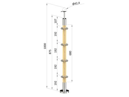 Dřevěný sloupek, vrchní kotvení, 4 řadový, průchozí, rohový: 90°, vrch pevný (průměr 42mm), materiál: buk, broušený povrch bez nátěru