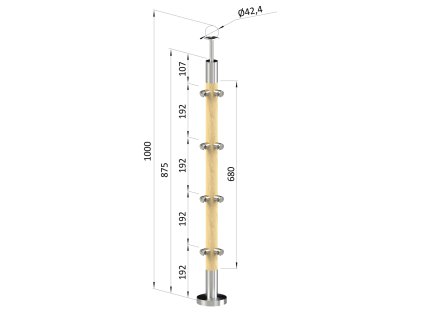 Dřevěný sloupek, vrchní kotvení, 4 řadový, průchozí, rohový: 90°, vrch pevný (průměr 42mm), materiál: buk, broušený povrch s nátěrem BORI (bezbarví)