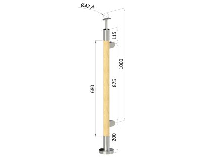 Dřevěný sloupek, vrchní kotvení, výplň: sklo, pravý, vrch pevný (průměr 42mm), materiál: buk, broušený povrch s nátěrem BORI (bezbarví)
