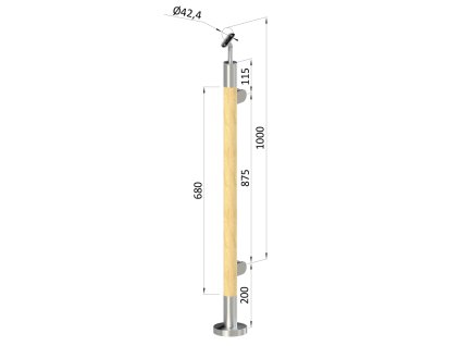 Dřevěný sloupek, vrchní kotvení, výplň: sklo, pravý, vrch nastavitelný (průměr 42mm), materiál: buk, broušený povrch s nátěrem BORI (bezbarví)