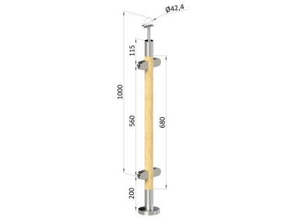 Dřevěný sloupek, vrchní kotvení, výplň: sklo, průchozí, vrch pevný (průměr 42mm), materiál: buk, broušený povrch bez nátěru