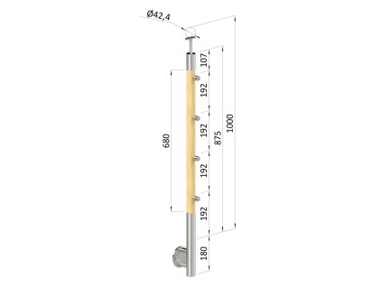 Dřevěný sloupek, boční kotvení, 4 řadový, průchozí, venkovní, vrch pevný (průměr 42mm), materiál: buk, broušený povrch s nátěrem BORI (bezbarví)
