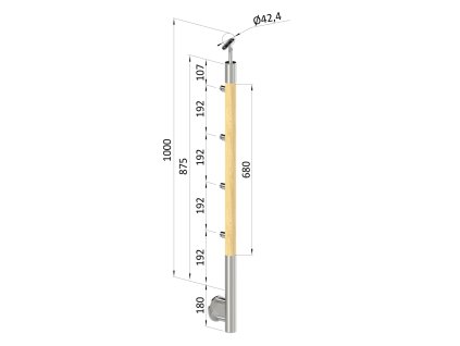 Dřevěný sloupek, boční kotvení, 4 řadový, průchozí, vnitřní, vrch nastavitelný (průměr 42mm), materiál: buk, broušený povrch bez nátěru