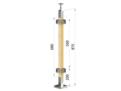 Dřevěný sloupek, vrchní kotvení, výplň: sklo, rohový, vrch pevný (40x40mm), materiál: buk, broušený povrch bez nátěru