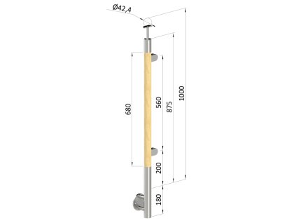 Dřevěný sloupek, boční kotvení, výplň: sklo, pravý, vrch pevný (průměr 42mm), materiál: buk, broušený povrch s nátěrem BORI (bezbarví)