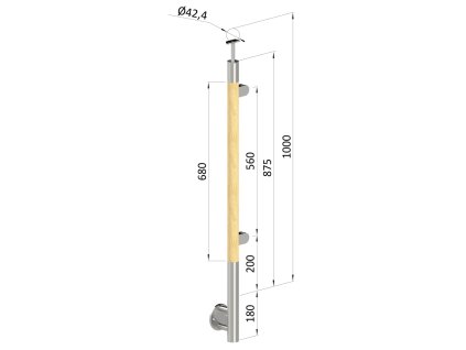 Dřevěný sloupek, boční kotvení, výplň: sklo, pravý, vrch pevný (průměr 42mm), materiál: buk, broušený povrch s nátěrem BORI (bezbarví)