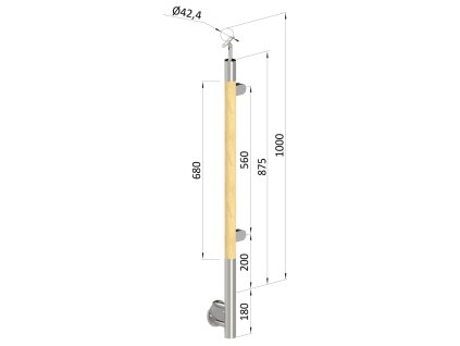 Dřevěný sloupek, boční kotvení, výplň: sklo, pravý, vrch nastavitelný (průměr 42mm), materiál: buk, broušený povrch s nátěrem BORI (bezbarví)