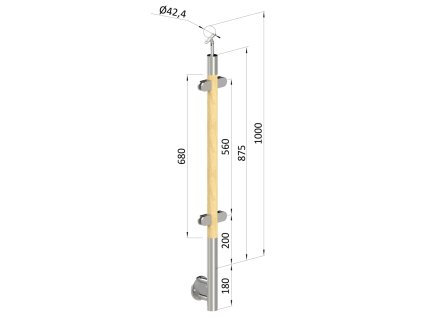 Dřevěný sloupek, boční kotvení, výplň: sklo, průchozí, vrch nastavitelný (průměr 42mm), materiál: buk, broušený povrch bez nátěru