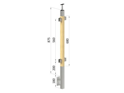 Dřevěný sloupek, boční kotvení, výplň: sklo, průchozí, vrch pevný (40x40mm), materiál: buk, broušený povrch s nátěrem BORI (bezbarví)