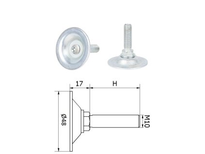 Bezkloubová ocelová nivelační nožička o průměru 48mm se závitem (M10) (Délka(H) 30mm)