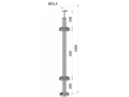 Nerezový sloup, vrchní kotvení, výplň: sklo, rohový: 90°, vrch pevný, průměr 42,4x2mm