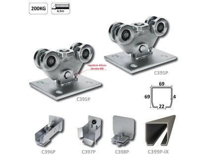 PICCOLO-Kombinovaný (Nerez/Pozink) samonosný systém 67x67x3mm pro posuvné brány do 200kg/4,5m, nerezový profil