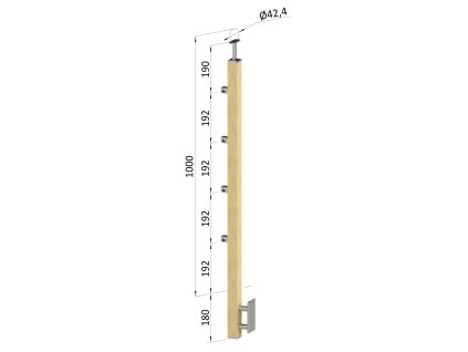 Dřevěný sloup, boční kotvení, 4 řadový, průchozí, (40x40mm), materiál: buk (Použití Venkovní, Povrchová úprava Broušený povrch bez nátěru, Vrch Pevný)