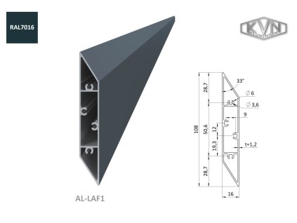 Profil na výplň 108x16x6000mm, materiál EN AW-6060 T66, hliník s povrchovou úpravou antracit RAL7016, cena za KUS
