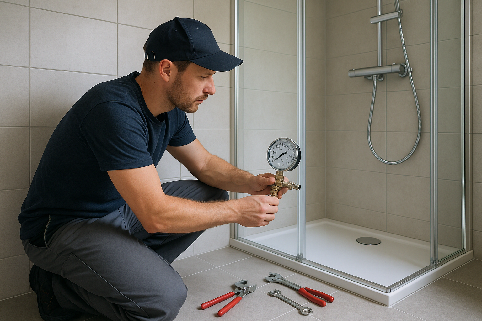 Instalatér měří provozní tlak vody u připraveného přívodu ke sprše