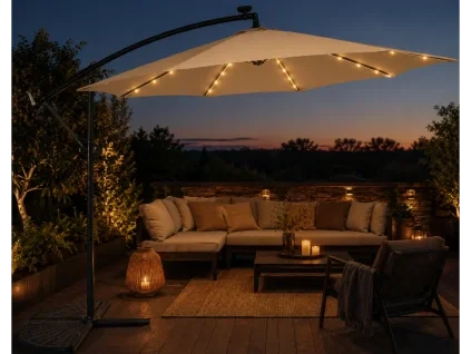 Slunečník LED, 300 cm, TMAVO BĚŽOVÝ