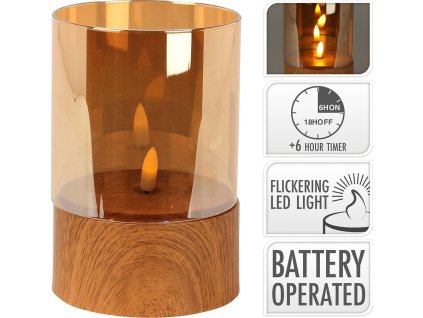 svíčka LED pr.10x15cm PH/ sklo, blikající plamen, časovač, IMITACE DŘEVA/JANTAR.SKLO