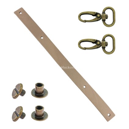 Sada kožený popruh 22 cm š. 2 cm bílá káva s karabinou staromosaz