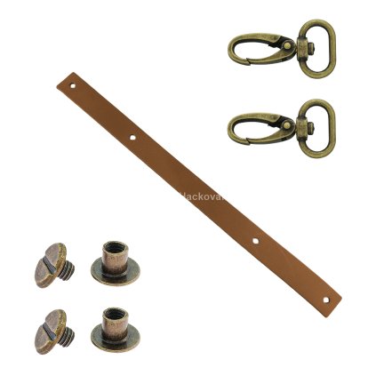 Sada kožený popruh 22 cm š. 2 cm tmavě hnědý s karabinou staromosaz